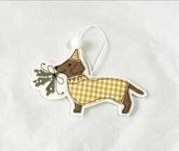 Dachshund Christmas Hat Decoration, Mistletoe, Sausage Dog, Ornament, Tree, Hanging Mustard Gingham, Dog Lover - thumbnail 1