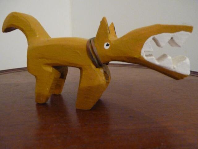 Aztec Mayan Primitive Wood Carving Sculpture Of A War Dog, Abstract Yellow With Big Teeth B3 - image 1
