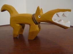 Aztec Mayan Primitive Wood Carving Sculpture Of A War Dog, Abstract Yellow With Big Teeth B3