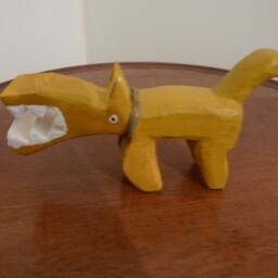 Aztec Mayan Primitive Wood Carving Sculpture Of A War Dog, Abstract Yellow With Big Teeth B3 - thumbnail 2