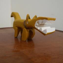Aztec Mayan Primitive Wood Carving Sculpture Of A War Dog, Abstract Yellow With Big Teeth B3 - thumbnail 3