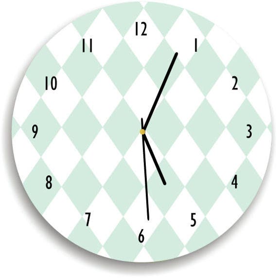 Harlequin Mint & White Wall Clock, Geometric Wall Clock, Minimalist Kids Room, Decor, Modern Scandinavian Wall Decor - image 1