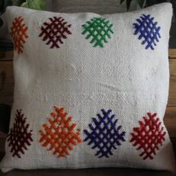 45cm Vintage Kilim Pillow Cover Handwoven - Cotton White Colourful Brocaded Motifs - thumbnail 2