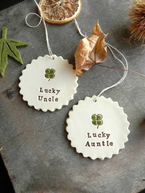 2 Personalized Lucky Clover Ceramic Christmas Ornaments Set Of 2, 4 Leaves Wedding Gift, Baby Shower Shamrock Home Decoration - image 1