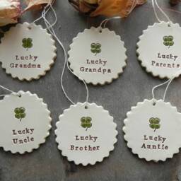 2 Personalized Lucky Clover Ceramic Christmas Ornaments Set Of 2, 4 Leaves Wedding Gift, Baby Shower Shamrock Home Decoration - thumbnail 2