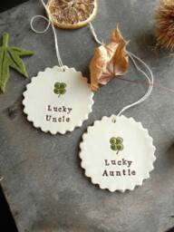 2 Personalized Lucky Clover Ceramic Christmas Ornaments Set Of 2, 4 Leaves Wedding Gift, Baby Shower Shamrock Home Decoration - thumbnail 1