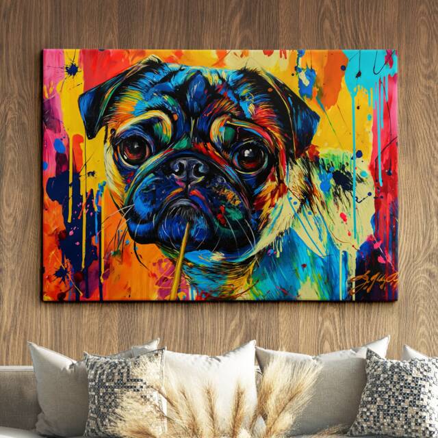 Pug Rainbow Animal Pet Art Abstract Oil Painting Framed Poster Print & Canvas Wall Decor Bedroom Home Interior Gift - image 1