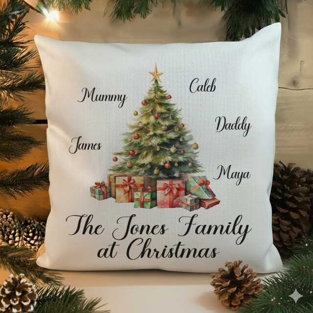 Family Christmas Cushion, Personalised Tree Design - 40cm Square, Linen Or Soft White - image 1