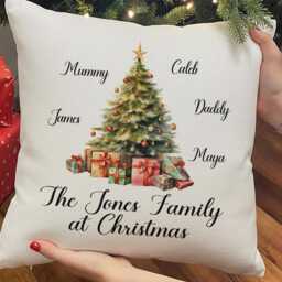 Family Christmas Cushion, Personalised Tree Design - 40cm Square, Linen Or Soft White - thumbnail 2