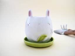 White Bunny Planter With Saucer. A Cute Plant Pot For Succulent To Grow In. Ceramic Handmade in Italy - thumbnail 1
