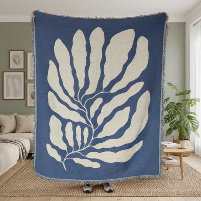 Blue Botanical Woven Throw - 130??160 cm Reversible Fringe Blanket - image 1
