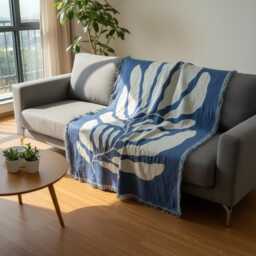 Blue Botanical Woven Throw - 130??160 cm Reversible Fringe Blanket - thumbnail 3