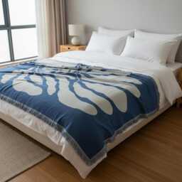 Blue Botanical Woven Throw - 130??160 cm Reversible Fringe Blanket - thumbnail 2