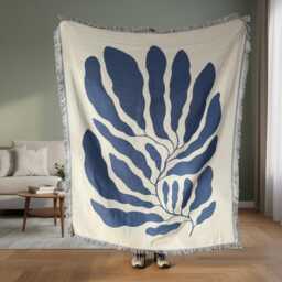 Blue Botanical Woven Throw - 130??160 cm Reversible Fringe Blanket - thumbnail 4