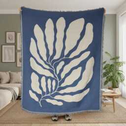 Blue Botanical Woven Throw - 130??160 cm Reversible Fringe Blanket - thumbnail 1