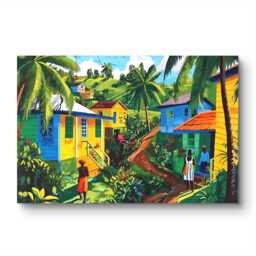 Dominica Village Art Print - Vibrant Caribbean Scene With Rasta Man Near Marigot Gift For Dominican Unframed Poster - thumbnail 1