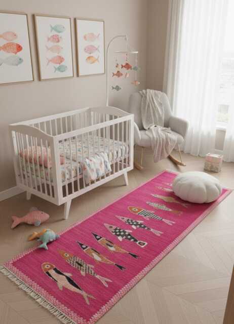 Pink Koi Fish Runner Rug, Handwoven Kilim, Bohemian Decor, Vibrant Nursery Woven Carpet - image 1