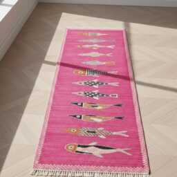 Pink Koi Fish Runner Rug, Handwoven Kilim, Bohemian Decor, Vibrant Nursery Woven Carpet - thumbnail 3