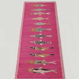Pink Koi Fish Runner Rug, Handwoven Kilim, Bohemian Decor, Vibrant Nursery Woven Carpet - thumbnail 4