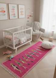 Pink Koi Fish Runner Rug, Handwoven Kilim, Bohemian Decor, Vibrant Nursery Woven Carpet - thumbnail 1