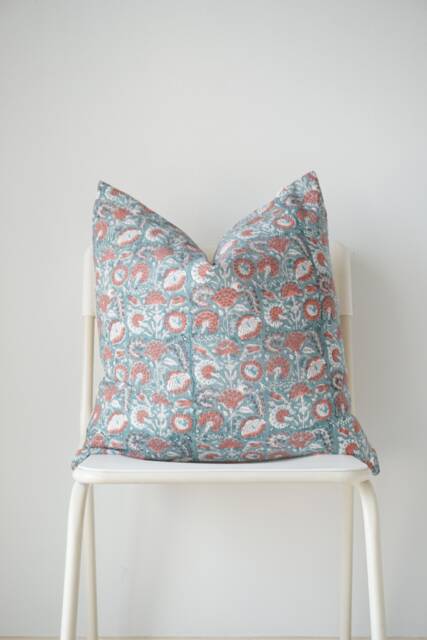 "Block Print Pillow Cover Floral Batik, Ethnic Indian Design - 20"" X 20" - image 1