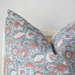 "Block Print Pillow Cover Floral Batik, Ethnic Indian Design - 20"" X 20" - thumbnail 2