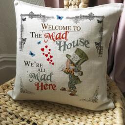Alice Wonderland Gift Cushion Cover, Mad Hatter House Wording Quote Print, Washable Fabric, Bedroom, Home Decor - 40cm 16 Inches - thumbnail 2