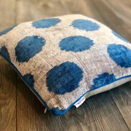 Velvet Ikat Pillow Cover Blue Dots - Decorative Cushion For Sofa Or Bed - thumbnail 2