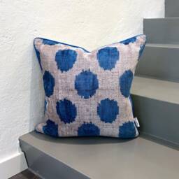 Velvet Ikat Pillow Cover Blue Dots - Decorative Cushion For Sofa Or Bed - thumbnail 1