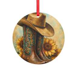 Cowboy Hat & Boots Sunflower Acrylic Ornament - Round Farmhouse Christmas Decor - thumbnail 2