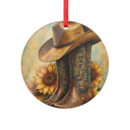 Cowboy Hat & Boots Sunflower Acrylic Ornament - Round Farmhouse Christmas Decor - thumbnail 1