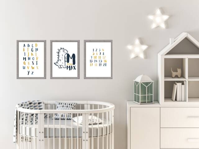 Set Of 3 Personalised Baby Print, Name Nursery Dinosaur Alphabet Wall Art, Print - image 1