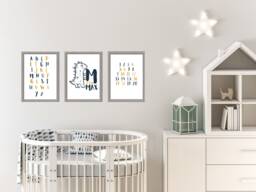 Set Of 3 Personalised Baby Print, Name Nursery Dinosaur Alphabet Wall Art, Print - thumbnail 1