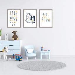 Set Of 3 Personalised Baby Print, Name Nursery Dinosaur Alphabet Wall Art, Print - thumbnail 3