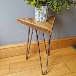 Pair Of Triangular Rustic Plant Stand/ End Tables, With Steel Hairpin Legs- Reclaimed Wood - thumbnail 2