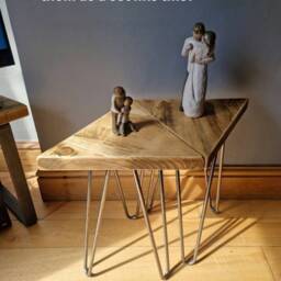 Pair Of Triangular Rustic Plant Stand/ End Tables, With Steel Hairpin Legs- Reclaimed Wood - thumbnail 3