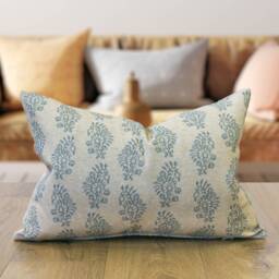 Hidcote Linen-Blend Boudoir Cushion Cover in Duck Egg Blue. Vintage Floral Emblems On A Linen Mix Cover. 17x12