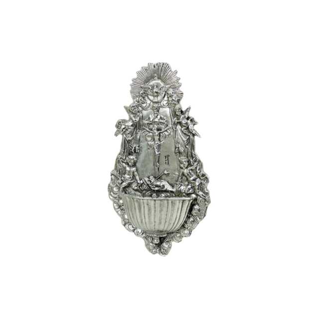 Holy Water Stoup With Crucifix & Angels, Pewter Handmade in Italy By Maestro Cavagnini. Christmas Gift - image 1