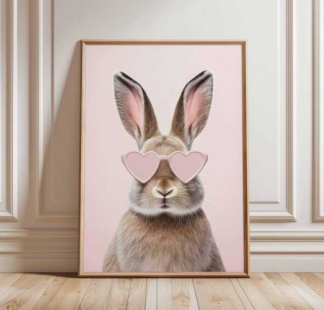 Cute Bunny Poster With Heart Glasses, Pink Nursery Animal Wall Art, Funny Rabbit Print For Girls Room, Whimsical Kids Decor - image 1