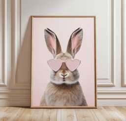 Cute Bunny Poster With Heart Glasses, Pink Nursery Animal Wall Art, Funny Rabbit Print For Girls Room, Whimsical Kids Decor - thumbnail 1