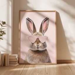 Cute Bunny Poster With Heart Glasses, Pink Nursery Animal Wall Art, Funny Rabbit Print For Girls Room, Whimsical Kids Decor - thumbnail 3