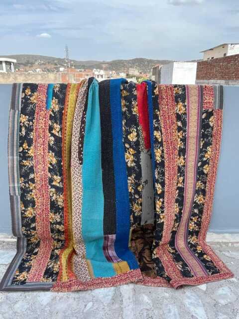 Cotton Kantha Quilt Reversible Patchwork Block Print Handmade Traditional Throw - image 1