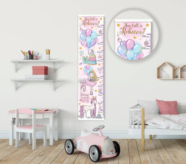Personalised Height/ Growth Chart - Pink Princess Party Beautiful Nursery & Bedroom Wall Decor -Printed On A Luxury Fabric -Ideal Keepsake - image 1