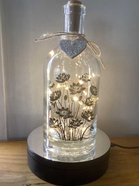 Personalised Water Lilies Birth Flower, July Light Up Bottle, Bottle Lamp With Gift Messaging Service & Bag