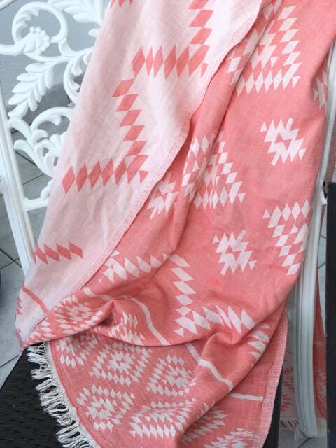 Salmon Beach Towel, Yoga, Double Sided Pink Orange Picnic Blanket, Throw Blanket Rug Pattern, Jacquard % 100 Cotton Bath & Beach Towel - image 1