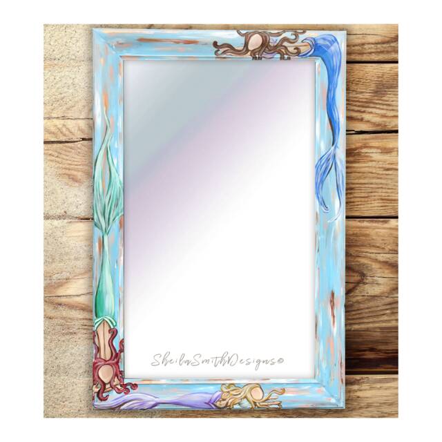 Hand Painted Mermaid Mirror, Beach Decor, House Art, Bathroom Mirror - image 1