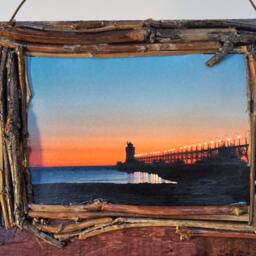 Photo Key Organizer, Lake Michigan Lighthouse Holder, Wood Branch Frame, Leash Hanger - thumbnail 2