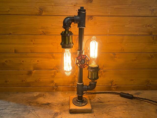 Fantastic Industrial Table Lamp, Steampunk, Retro, Dual Edison Bulbs Included, Antique Oak Base - image 1