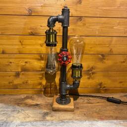 Fantastic Industrial Table Lamp, Steampunk, Retro, Dual Edison Bulbs Included, Antique Oak Base - thumbnail 3