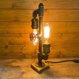 Fantastic Industrial Table Lamp, Steampunk, Retro, Dual Edison Bulbs Included, Antique Oak Base - thumbnail 2